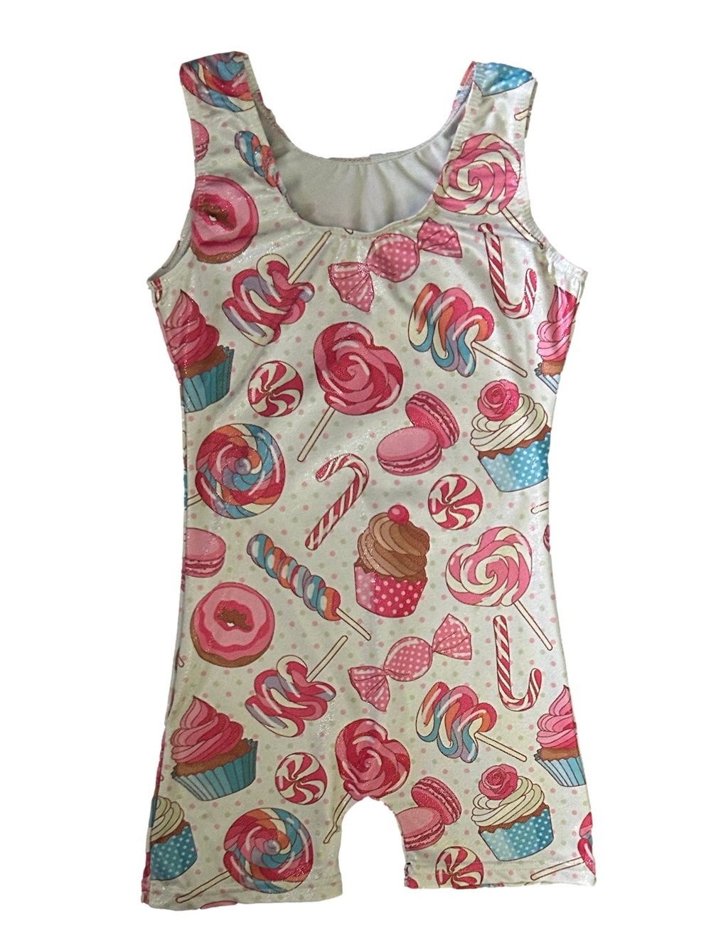 Sweet Treats Printed Girls Gymnastics Leotard - Pink & Blue Candy Print